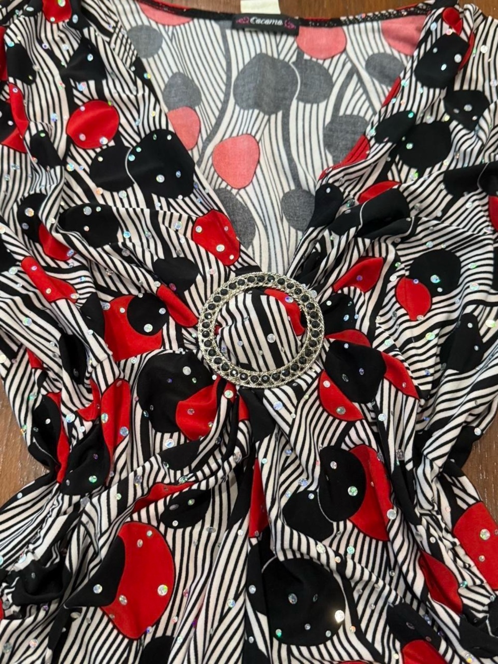 Cocomo Red & Black Printed V-Neck Wrap Top with Decorative Ring - Picture 3 of 4